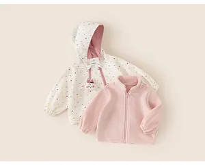 Girls' polka dot hooded windbreaker jacket with matching pink fleece inner set for toddlers