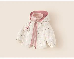 Girls' polka dot hooded windbreaker jacket with cute rabbit badge for outdoor hiking