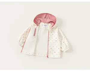 Macro detailed view of kids polka dot hooded jacket with pink zipper and soft lining