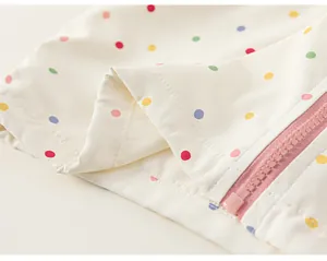 Close-up detail of girls' polka dot windbreaker featuring a pink zipper and fine stitching.