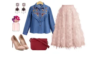Pink midi skirt with leaf hollow out texture shown in a stylish spring outfit set