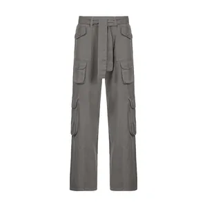 Detailed view of grey vintage cargo pants with multi-pockets and loose straight leg