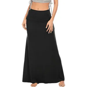 High waisted black maxi skirt for women with fold-over waist for casual home wear