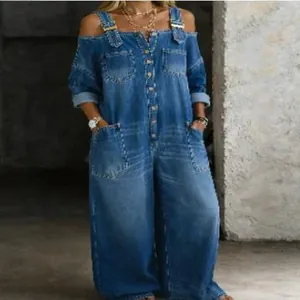 Women's Off-Shoulder Denim Jumpsuit Sexy Wide Leg Overalls With Pockets Button Down Washed Cotton Top And Bottom Romper