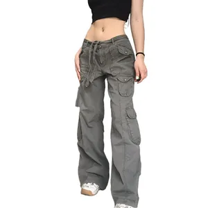 American retro wide-leg cargo pants for women featuring multiple pockets and waist tie.