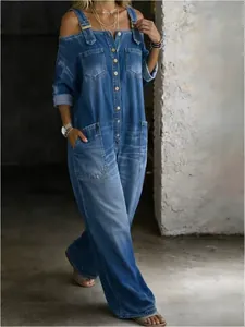 Fashionable off-the-shoulder denim jumpsuit with wide-leg cut and button front.
