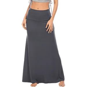 Close up detail of high waisted dark grey bodycon maxi skirt for casual home wear