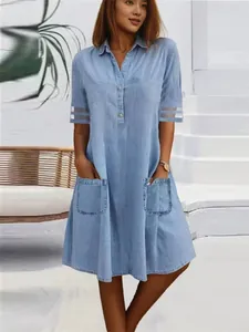 Women Light Blue Washed Denim Shirt Dress Mesh Patchwork Short Sleeve Casual A-Line Midi Dress With Pockets Top And Bottom