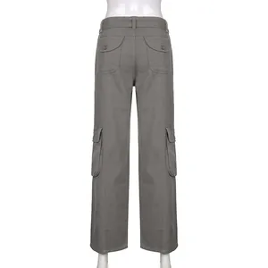 Back view of grey American retro multi-pocket cargo pants for women's street style