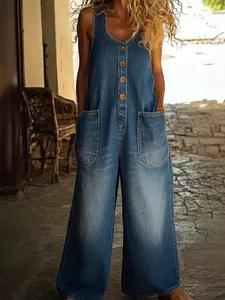 Mono de Denim Retro para Mujer Streetwear Overol Sin Mangas Pata Ancha Con Grandes Bolsillos Botones Casual Vintage Algodón