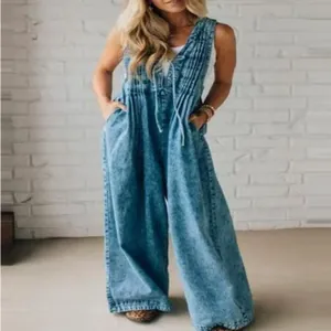 Women Sleeveless Pleated Washed Denim Jumpsuit Streetwear Style Wide Leg Romper With Side Pockets Casual Sky Blue Overall