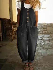 Mono vaquero retro gris oscuro con botones delanteros y pernera ancha mujer