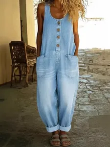 Mono de mezclilla vintage sin mangas con corte de pierna ancha y botones frontales