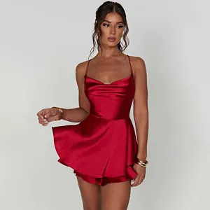 Detailed view of a sexy red satin backless slip dress with a flared A-line skirt