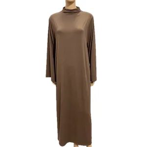 Robe longue grande taille à manches longues marron uni pour femmes avec col montant