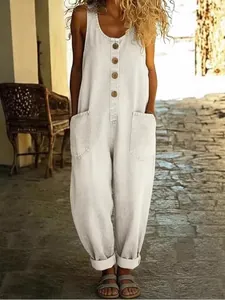 Mono vaquero blanco retro sin mangas con pernera ancha y grandes bolsillos frontales