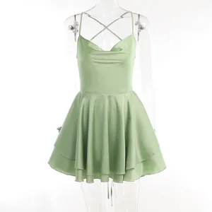Front view of light green satin mini slip dress with flared skirt on transparent mannequin