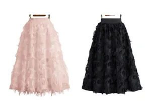 Fashionable high-waist 3D leaf textured hollow-out maxi skirts in pink and black colors