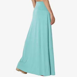 Detailed side view of a high-waisted mint green maxi skirt with comfortable fabric texture