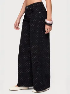 Jean en denim à pois noirs pour femmes, jambe large, coupe décontractée et style élégant