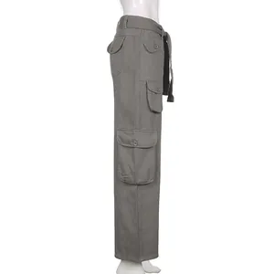 Side view of women's vintage gray multi-pocket cargo pants on a white mannequin.
