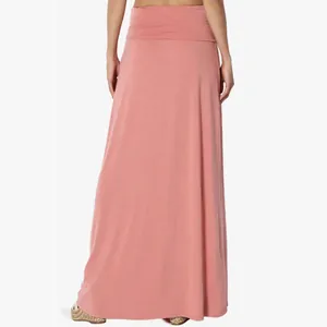 Back view of a dusty rose high-waisted maxi skirt with soft jersey fabric