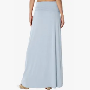 Back view detail of high waisted light blue maxi skirt for casual wear