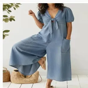 Women Casual Denim Jumpsuit V-Neck Short Sleeve Loose Wide Leg Romper With Pockets Summer Fashion Washed Polyester One Piece Outfit