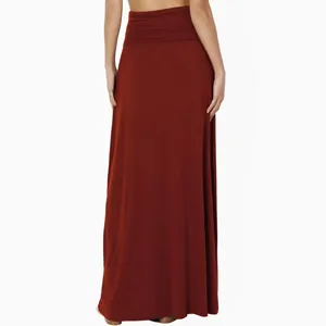 Back view of a burnt orange high-waisted maxi skirt with a comfortable bodycon fit