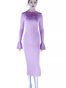 Élégante robe midi violette à manches longues avec des poignets évasés tendance pour femme