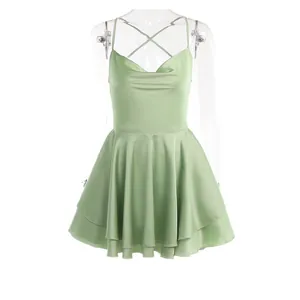 Sexy light green satin cowl neck backless A-line mini dress on clear mannequin
