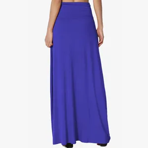 Rear view detail of a royal blue high-waisted maxi skirt in soft stretch fabric