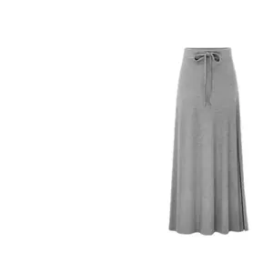 Jupe longue grise en polyester-coton avec fente latérale et cordon de serrage à la taille
