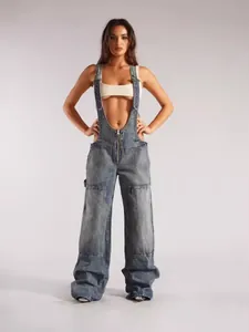 Women Vintage Loose Denim Overalls Zipper Front Wide Leg Cargo Jeans Jumpsuit Light Blue Retro Casual Long Pants Fashion