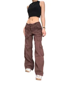 Vintage brown multi-pocket cargo pants for women in high-waisted street style look.