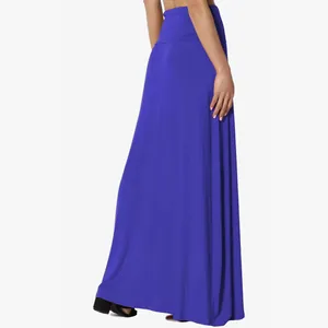 Back view of a vibrant blue high-waisted bodycon maxi skirt with a flared hem