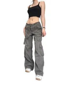 Women's American vintage grey cargo pants with multiple pockets and loose straight fit.