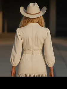 Vista trasera de un vestido de flecos con mangas abullonadas estilo western y cinturón