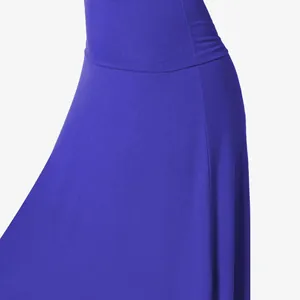 High-quality close-up detail of the fabric and waist of a blue bodycon maxi skirt