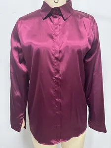 Elegant magenta satin long sleeve blouse for women with a classic collar and smooth finish