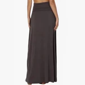 Back view of high waisted charcoal grey maxi skirt with comfortable elastic waist