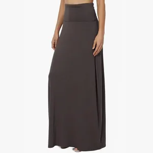 Comfortable high-waisted charcoal grey jersey maxi skirt shown on a model for detail