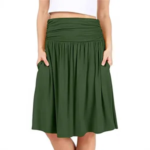 Jupe Midi Plissée en Coton pour Femme Taille Haute Élastique Froncée Coupe en A Avec Poches Jupe Fluide Décontractée