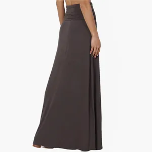 Close-up side view of a grey high-waisted maxi skirt made of soft breathable fabric.