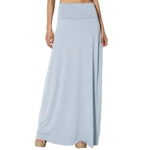 Detail view of high waist light blue maxi skirt with soft jersey fabric drape