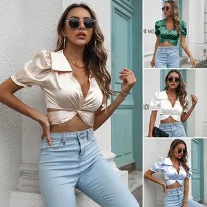 Women Satin Puff Sleeve Cropped Top Peter Pan Collar Short Sleeve Shirt Tie Front Solid Color Elegant Summer Blouse