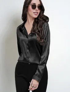 Elegant black satin long-sleeved shirt for women with a silky finish and V-neckline