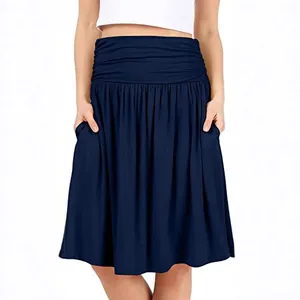 Jupe midi plissée confortable à taille haute bleu marine avec poches pour mode décontractée