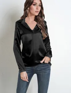 Elegant black satin long-sleeve shirt featuring a deep V-neckline for professional women.