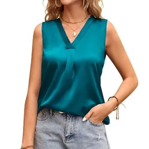 Eleganter v-Ausschnitt Satin ärmelloses Tanktop für Damen, schicke Sommerbluse in Blaugrün